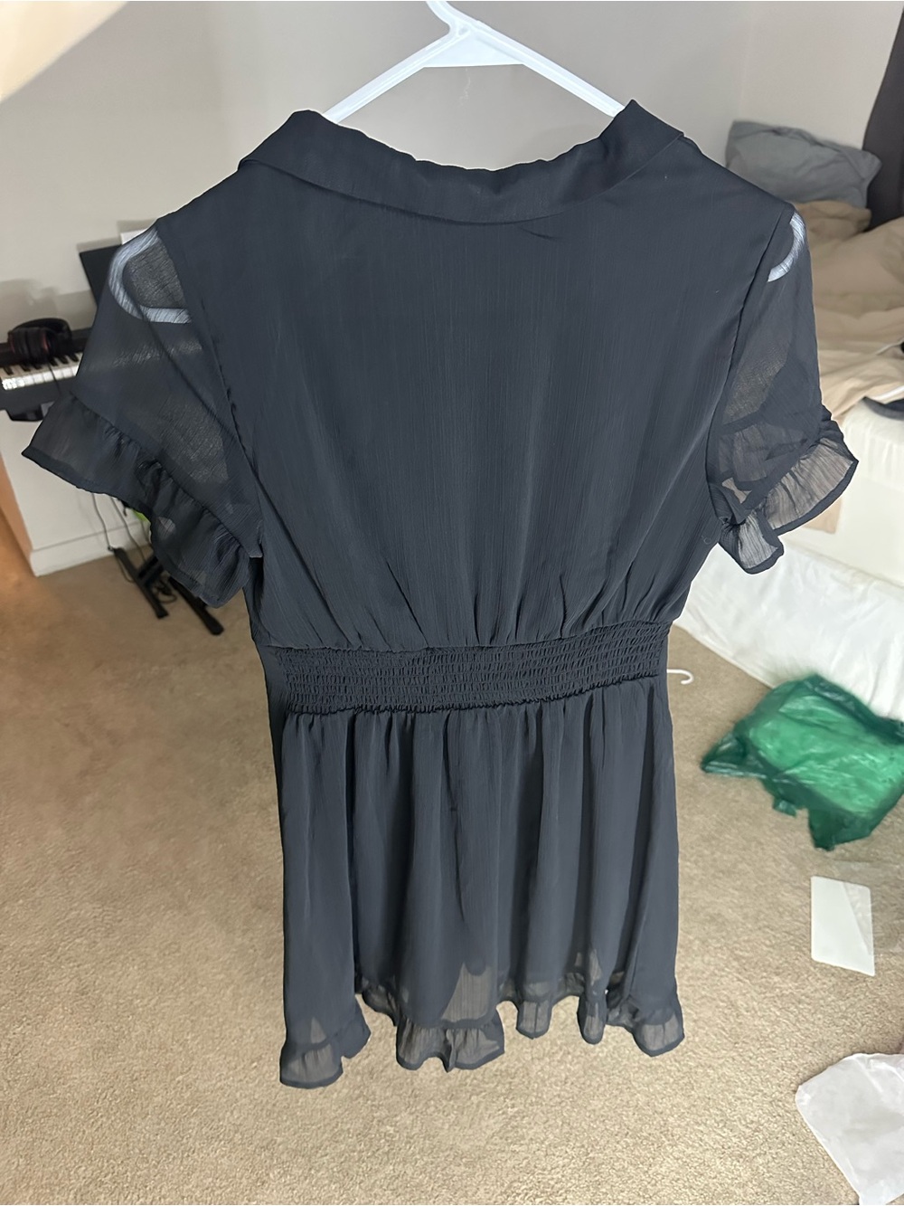 Black Sheer Ruffle Mini Dress with Button Front - Picture 3 of 3